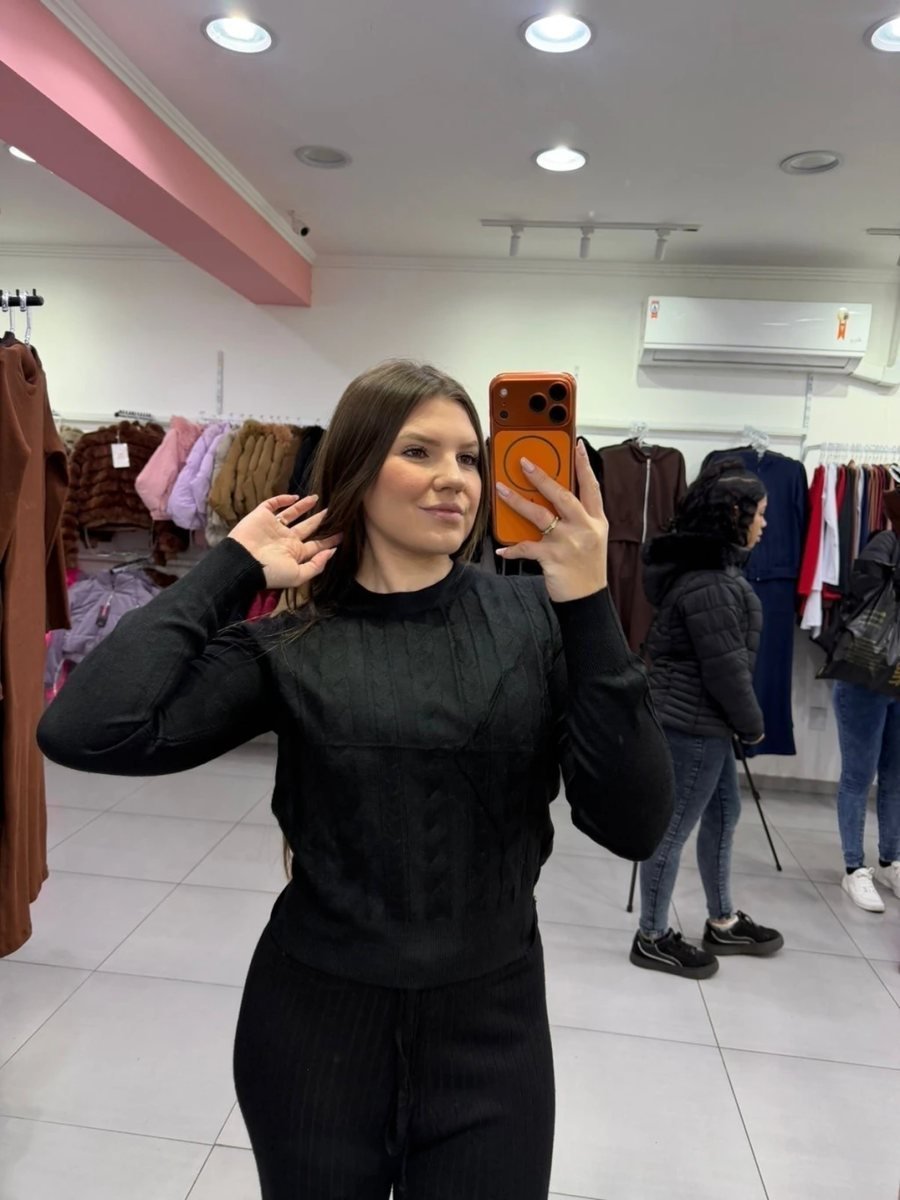 Conjunto Mousse Blusa Detalhe Transados E Calça Pantalona Preto, foto 3