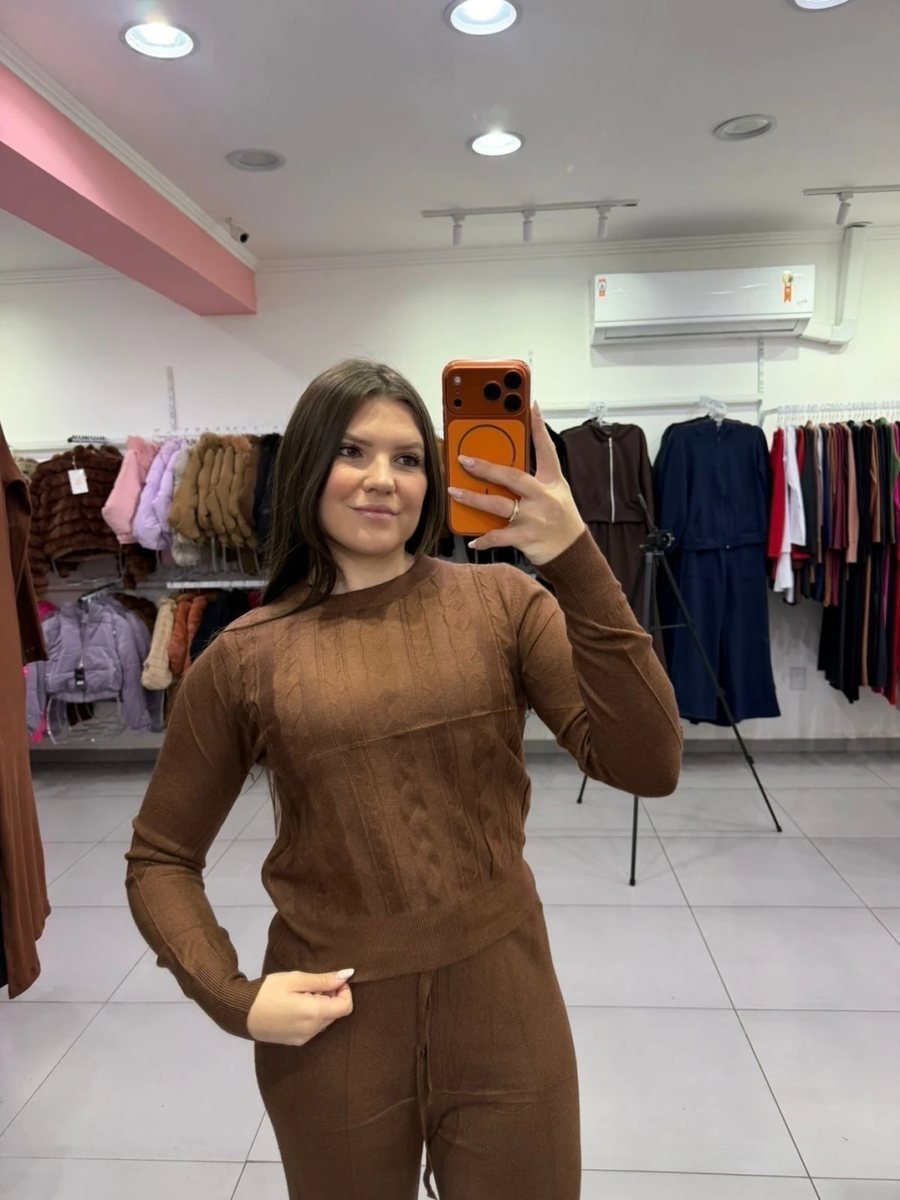 Conjunto Mousse Blusa Detalhe Transados E Calça Pantalona Marrom Escuro, foto 2