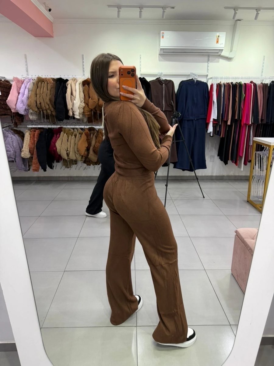 Conjunto Mousse Blusa Detalhe Transados E Calça Pantalona Marrom Escuro, foto 3