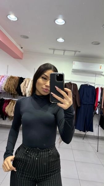 Body Poliamida Com Gola E Manga Longa Preto