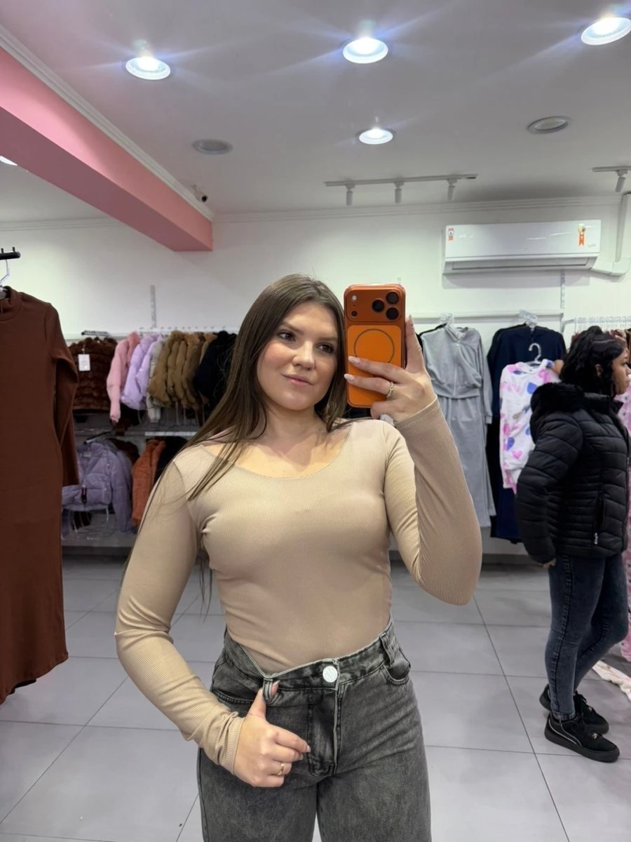 Body Canelado Térmico Trançado Nas Costas Com Manga Longa Nude