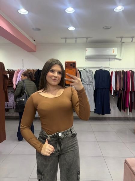 Body Canelado Térmico Trançado Nas Costas Com Manga Longa Marrom Claro