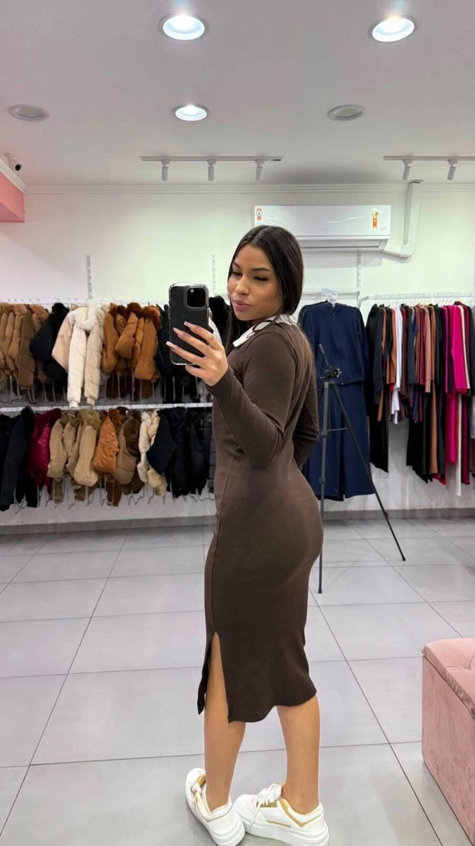 Vestido Canelado Mídi Com Gola Polo Marrom Escuro, foto 2