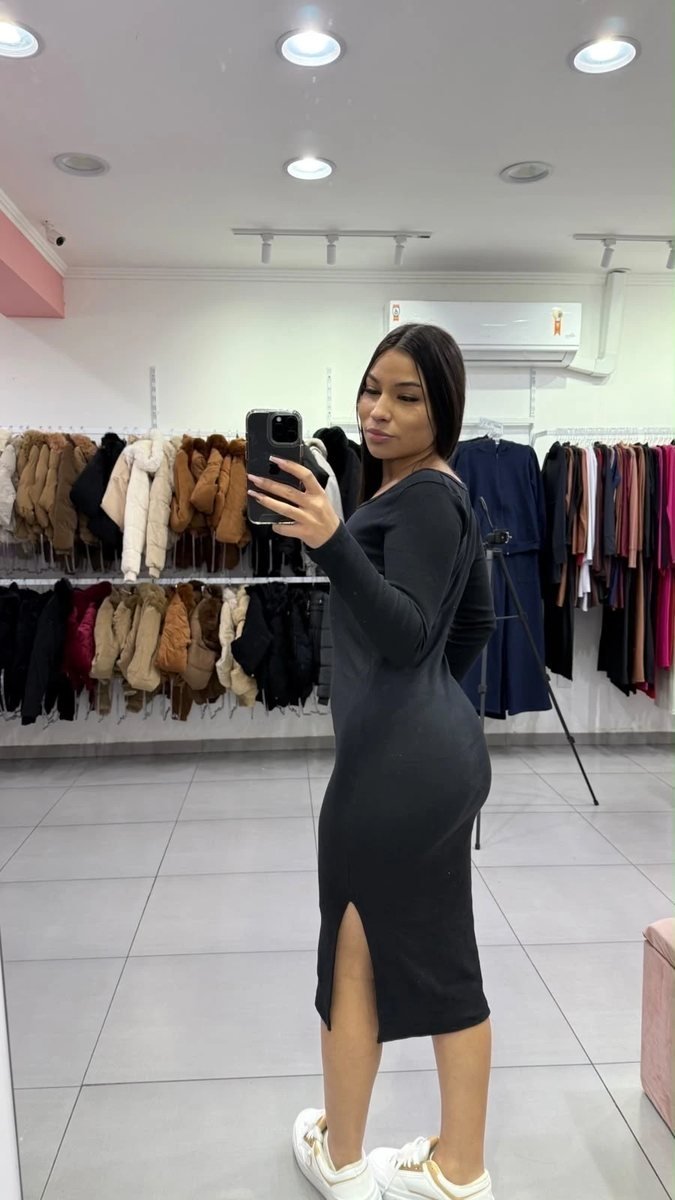 Vestido Ribana Mídi Com Gola Quadrada Preto, foto 2