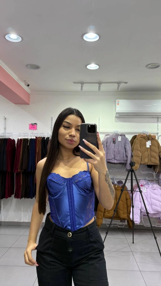 Cropped Corset Renda Azul