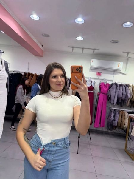 Body Poliamida Costa Nua E Manga Curta Off White