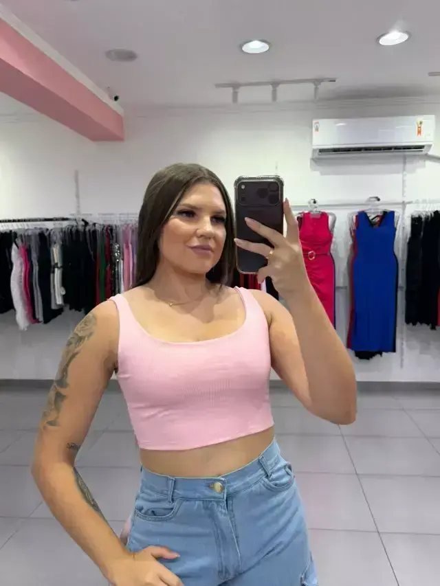 Cropped Canelado Com Alça Grossa Rosa