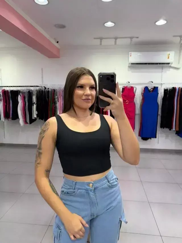Cropped Canelado Com Alça Grossa Preto