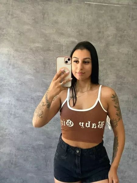 Cropped Canelado Baby Girl Com Alça Fina Bicolor Marrom