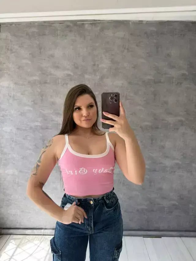 Cropped Canelado Baby Girl Com Alça Fina Bicolor Rosa claro