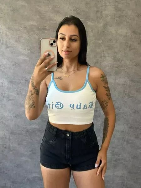 Cropped Canelado Baby Girl Com Alça Fina Bicolor Branco