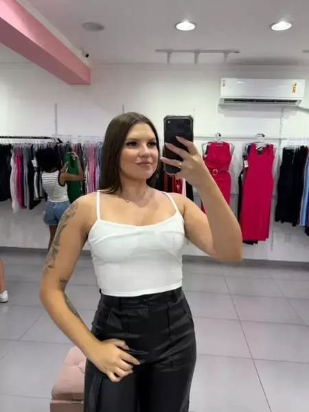 Cropped Canelado Meia Taça Com Alça Fina Branco