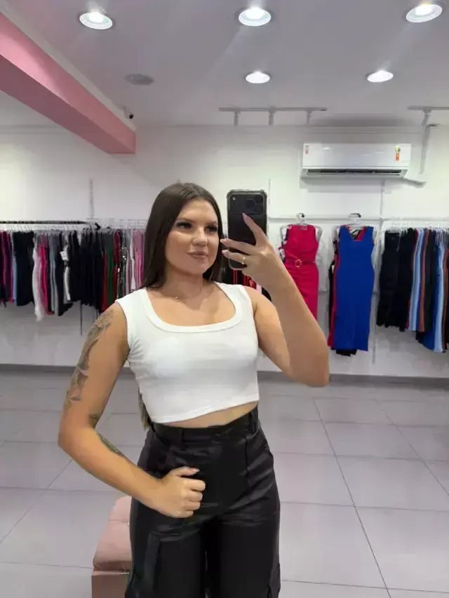 Cropped Canelado Regata Gola Redonda Branco