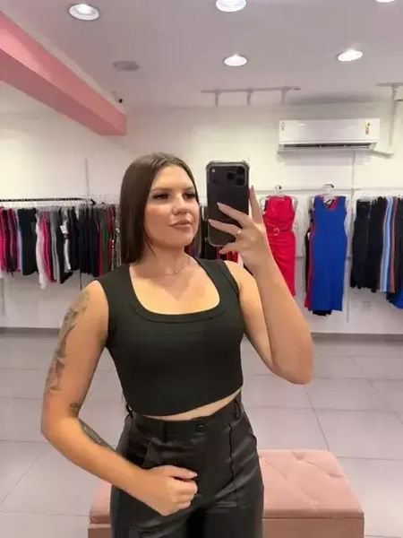 Cropped Canelado Regata Gola Redonda Preto