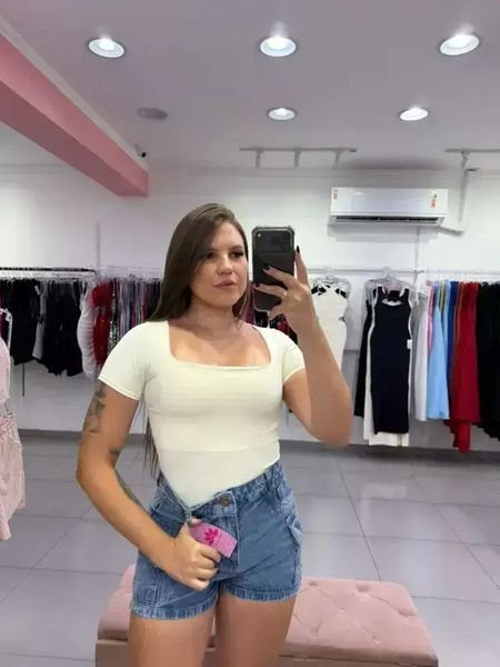 Body Poliamida Gola Quadrada E Manga Curta Off White
