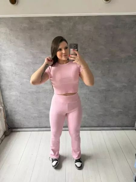 Conjunto Ribana Calça Flare e Blusa Rosa Fraco