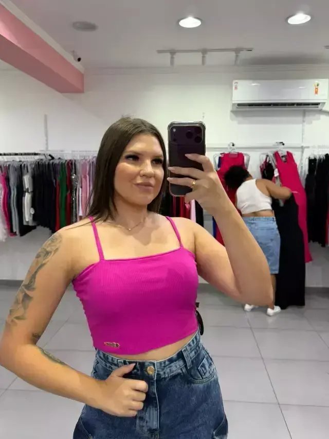 Cropped Luxxo Canelado Com Bojo Alça Fina Rosa