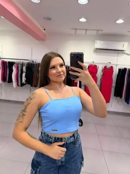 Cropped Luxxo Canelado Com Bojo Alça Fina Azul