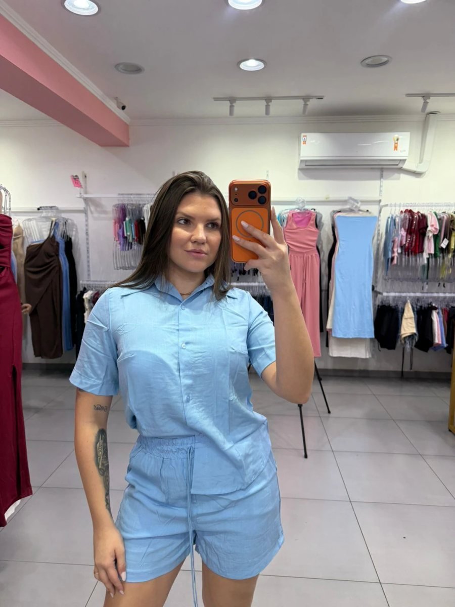 Conjunto Viscose Gola V Botonado Azul Claro