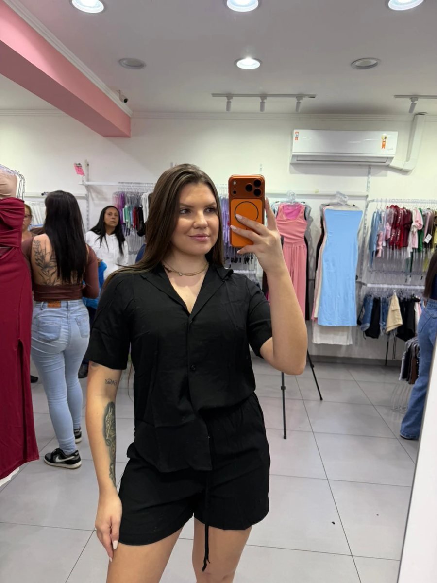 Conjunto Viscose Gola V Botonado All Black