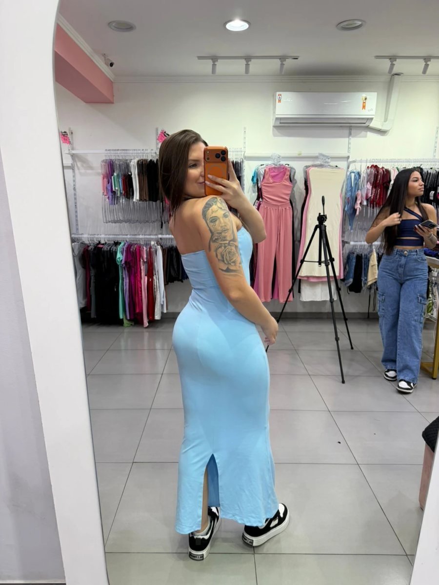 Vestido Poliamida Longo Tomara Que Caia Elegance Fenda Na Lateral Azul Fraco, foto 2