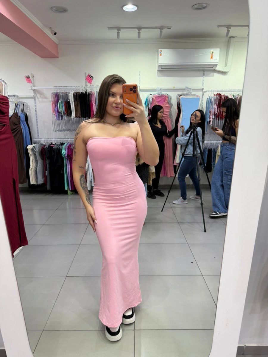 Vestido Poliamida Longo Tomara Que Caia Elegance Fenda Na Lateral Rosa Fraco