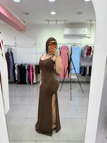 Vestido Luxxo Com Fenda Lateral e Costa Nua Marrom