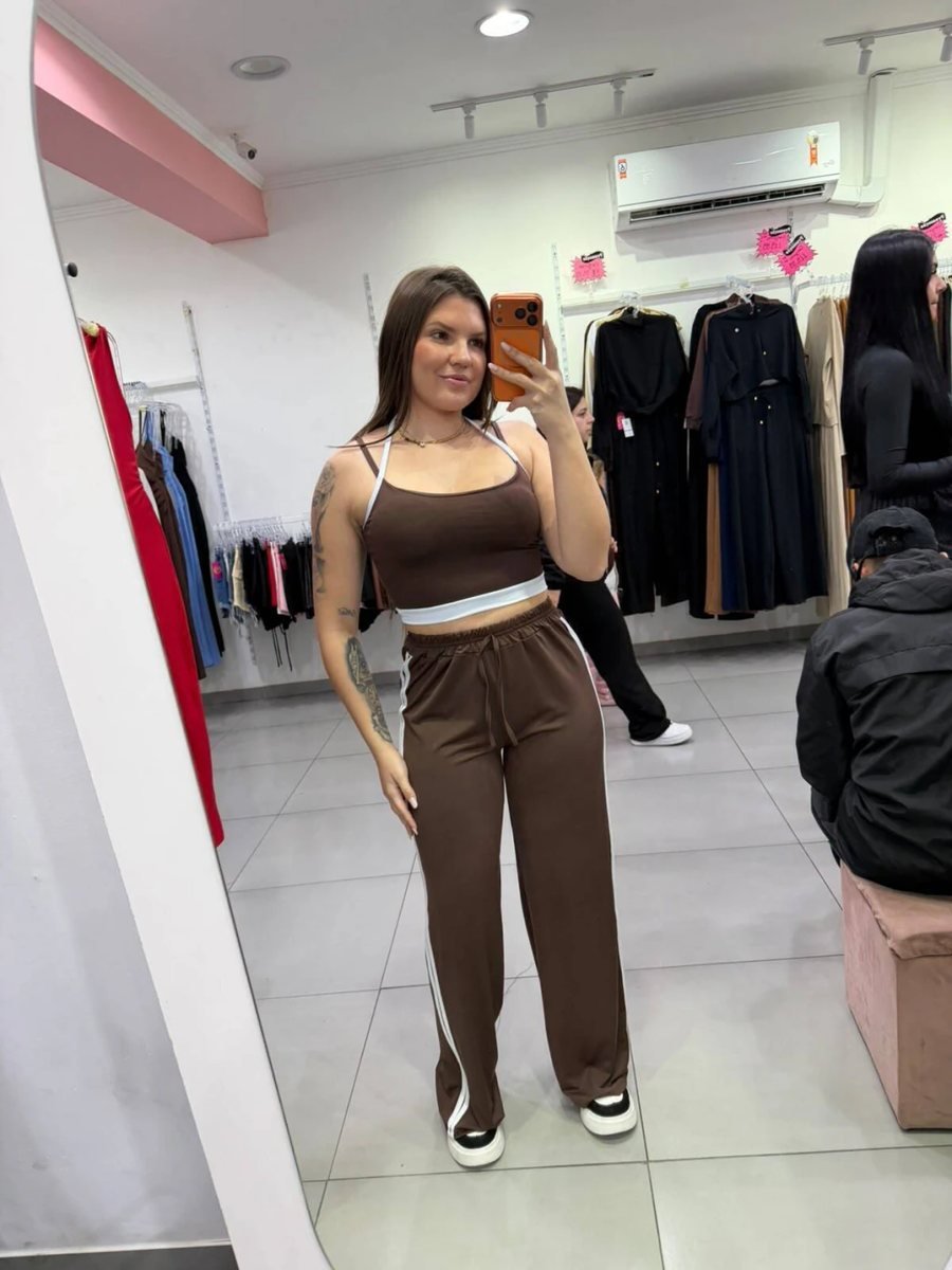 Conjunto Suplex Top e Calça Shape Marrom