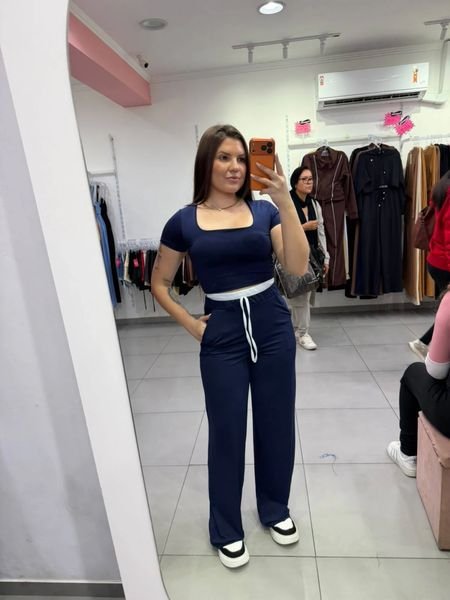 Conjunto Suplex Milani Com Cropped Manga Curta Azul Forte