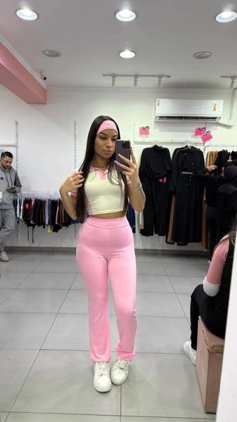Conjunto Suplex Cropped e Calça + Faixa Rosa