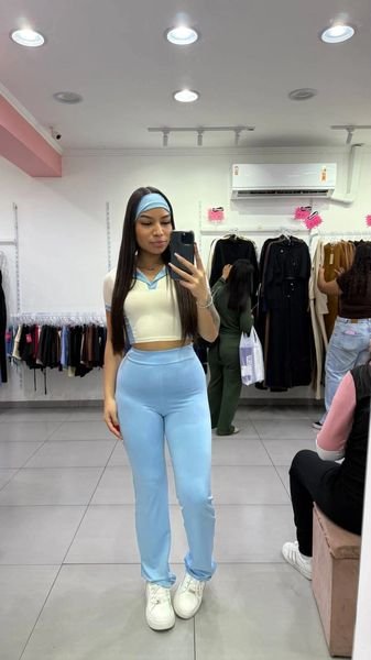 Conjunto Suplex Cropped e Calça + Faixa Azul Claro
