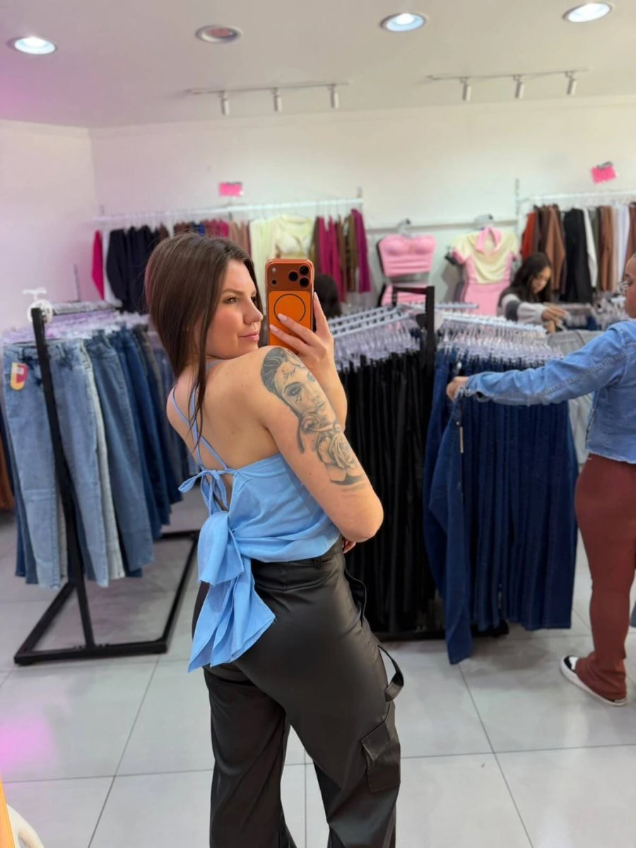 Cropped Viscose Alça Fina E Amarração Nas Costas Azul Claro, foto 2