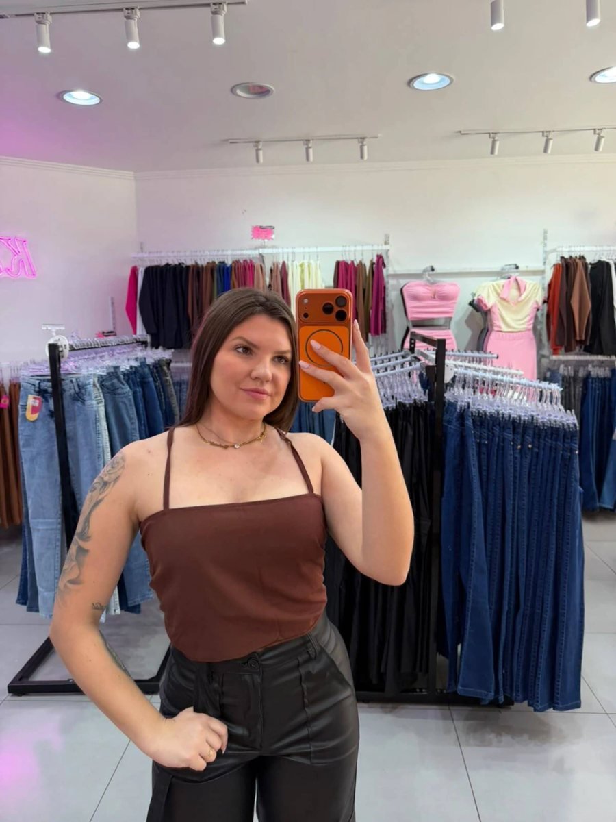 Cropped Viscose Alça Fina E Amarração Nas Costas Marrom, foto 2