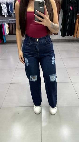 Calça Jeans Wide Leg Lavagem Escura Com Detalhes Rasgado