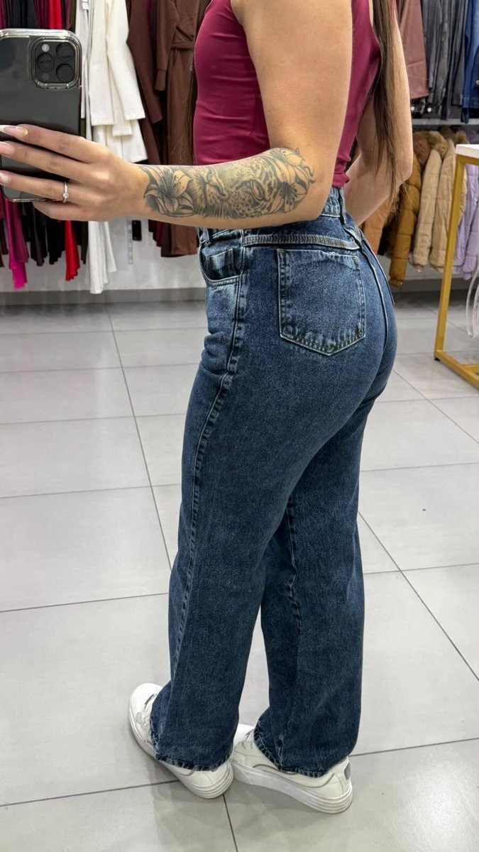 Calça Jeans Wide Leg Lisa Lavagem Azul Ceu Botão Dourado, foto 2