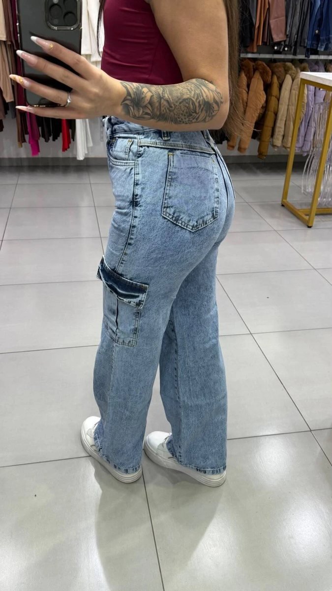 Calça Jeans Wide Cargo Lunarmarmori Botão Dourado, foto 2