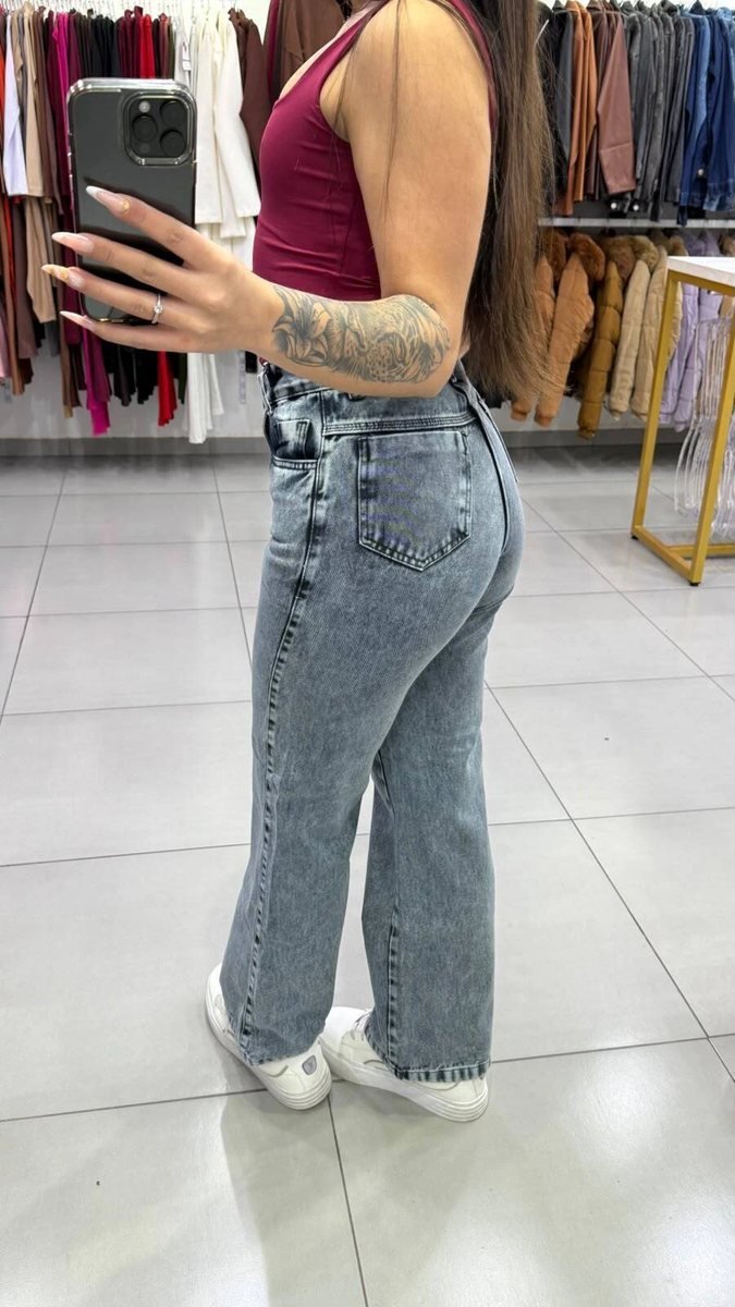Calça Jeans Wide Leg Marmorizada Mist Wash Botão Prata, foto 2