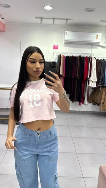 T-shirt Curta Los Angeles Rosa Com Escrita Branca e Gola Branca
