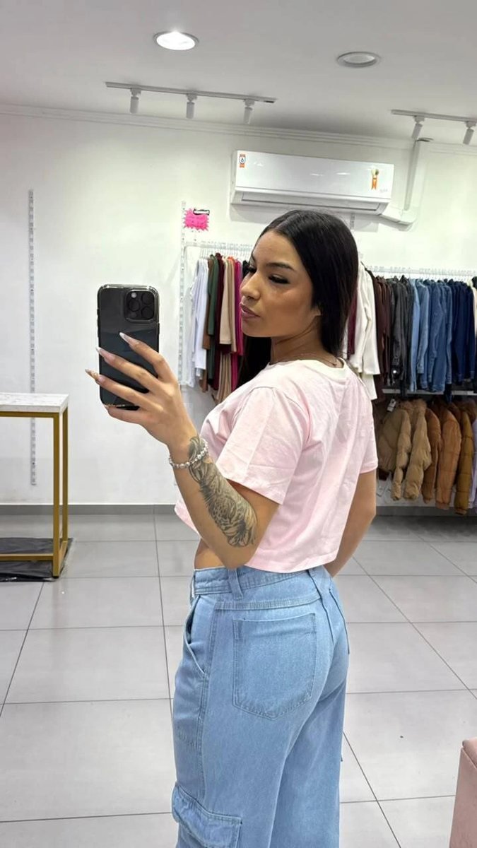 T-shirt Curta Los Angeles Rosa Com Escrita Branca e Gola Branca, foto 2