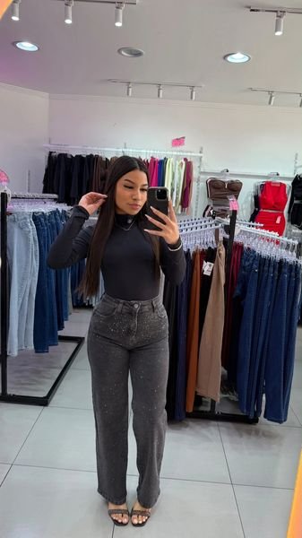 Wide Leg Lavagem Grafite Com Detalhe de Brilho