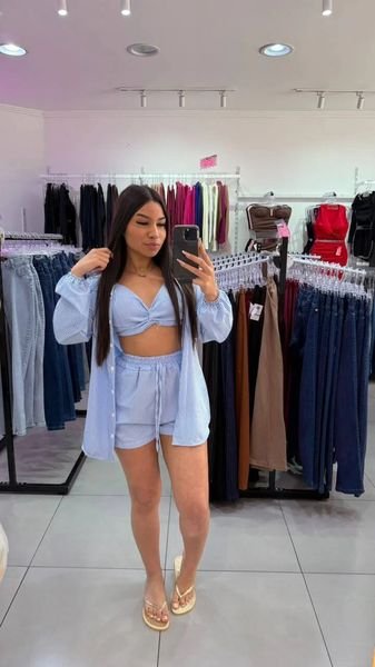 Conjunto Listrado 3 Peças Azul Claro Com Branco