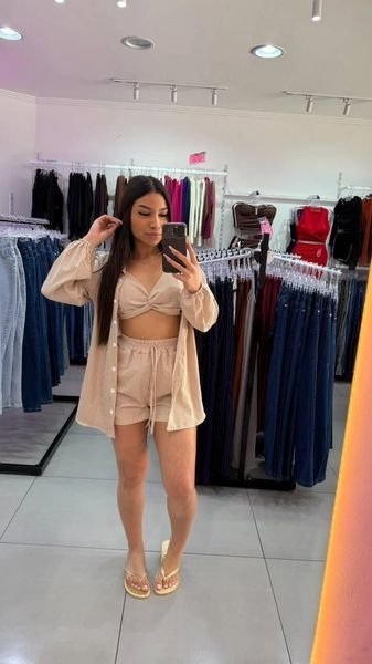 Conjunto Listrado 3 Peças Marrom Com Branco