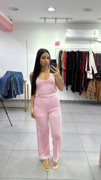 Conjunto Luxxo Regata e Pantalona em Tricô Moda Praia Rosa