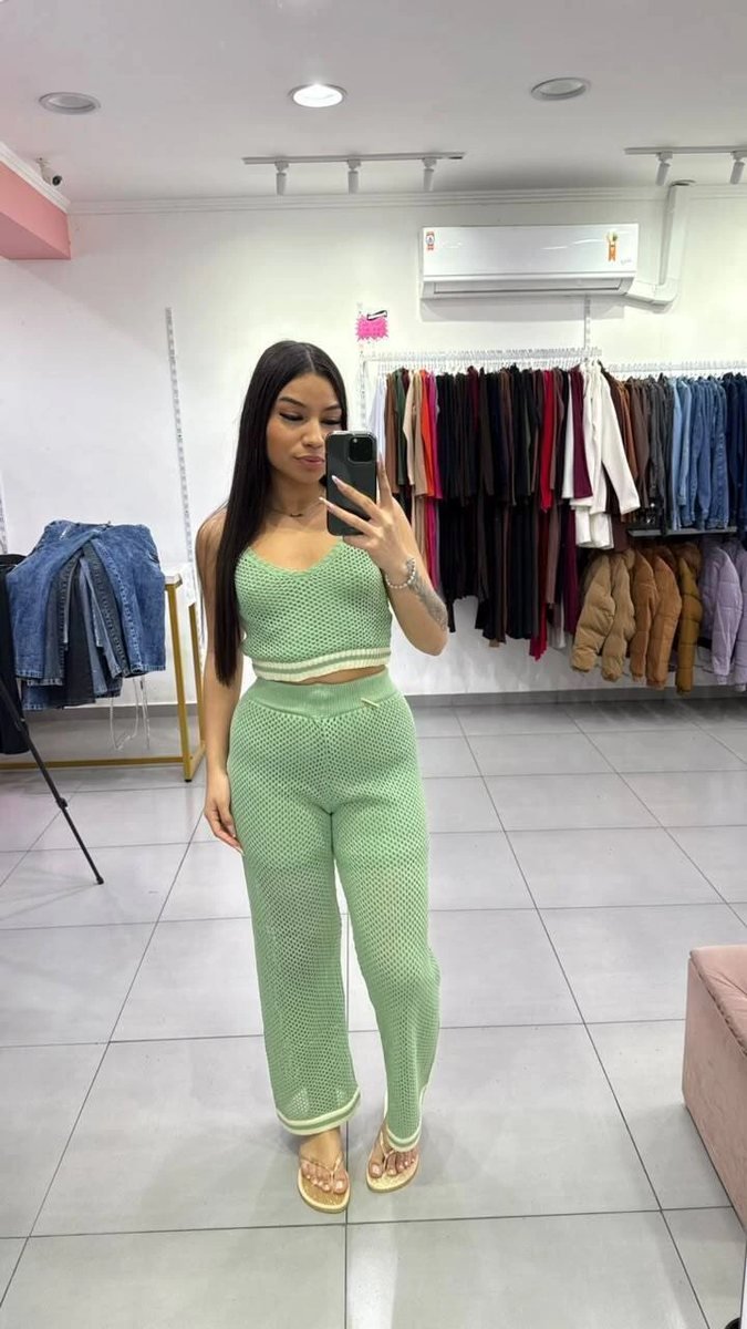 Conjunto Luxxo Regata e Pantalona em Tricô Moda Praia Verde
