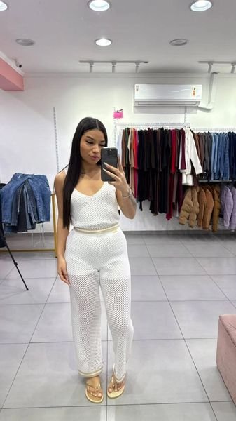 Conjunto Luxxo Regata e Pantalona em Tricô Moda Praia Branco