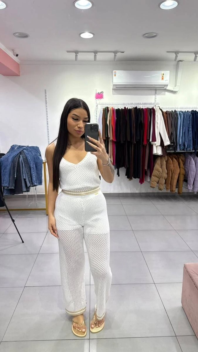 Conjunto Luxxo Regata e Pantalona em Tricô Moda Praia Branco