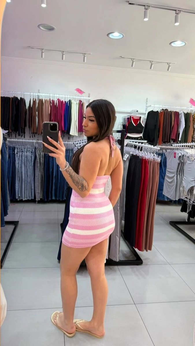 Vestido Luxxo Com Amarração No Pescoço e Detalhe de Listras na Horizontal Branco Com Rosa, foto 2