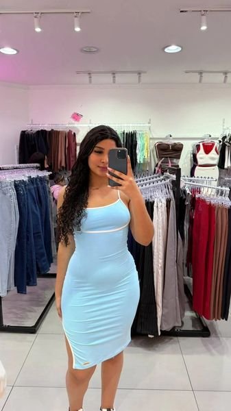 Vestido Luxxo Em Poliamida Mid Com Alcinha e Detalhe Na Costura Branco Com Azul