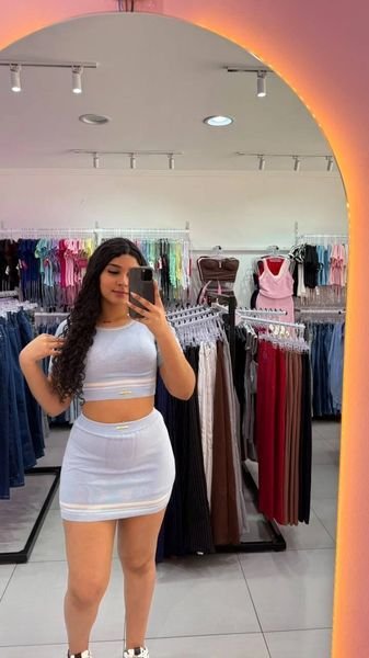 Conjunto Luxxo Em Modal Com Saia Curta e Detalhes De Linhas Brancas Horizontais Azul