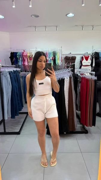 Conjunto Short Com Regata Crooped Em Modal Off White